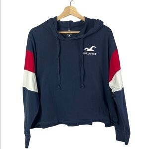Hollister Navy Blue Cropped Lightweight Boyfriend Hooded Sweatshirt L